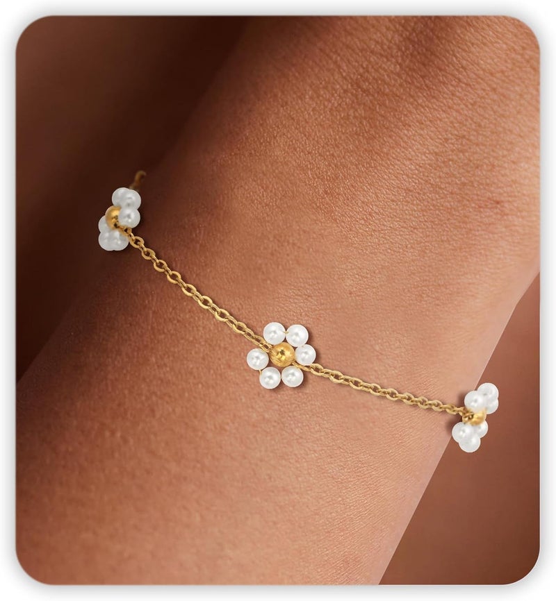 DAYANEY Pearl Bracelets for Women, Gold Bracelet Silver Pearl Jewelry as Valentines Gifts for Girls, Dainty Daisy and Heart Braclets Cute Floral Prom Jewelry for Bridesmaid Brazaletes Para Mujer - Image 1